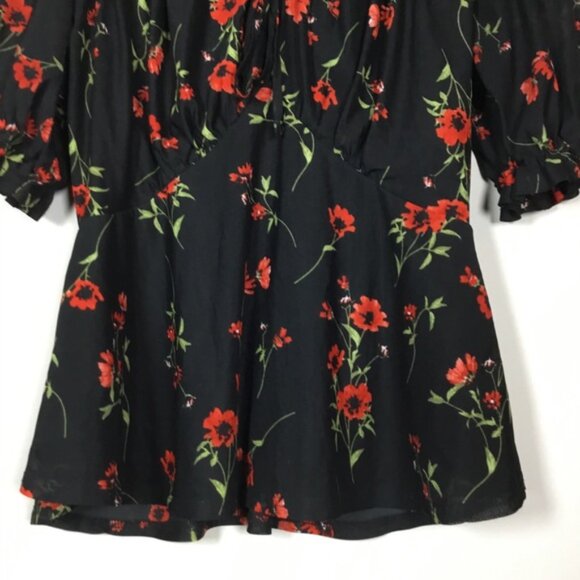 Black with blowers floaty babydoll top sheer short sleeves flare waist size S - Picture 3 of 8